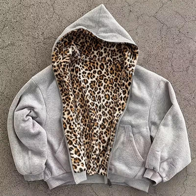 Unisex Reversible Leopard Print Zip Hoodie