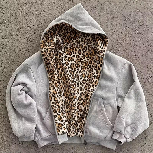 Unisex Reversible Leopard Print Zip Hoodie
