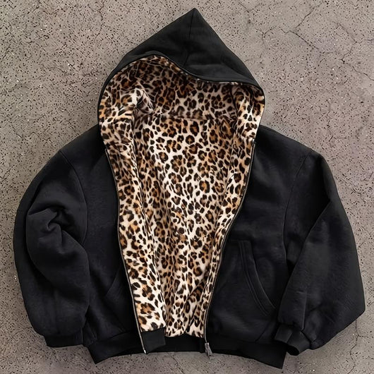 Unisex Reversible Leopard Print Zip Hoodie