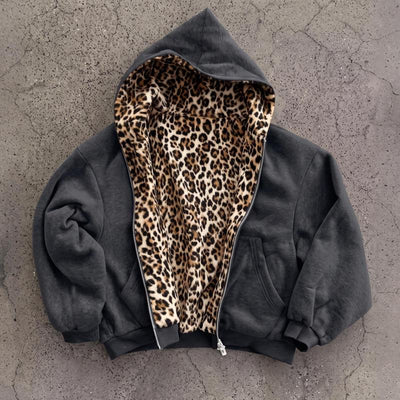 Unisex Reversible Leopard Print Zip Hoodie