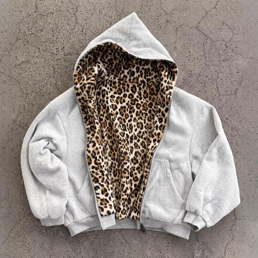 Unisex Reversible Leopard Print Zip Hoodie